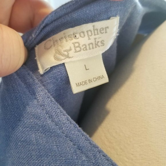 Vintage 90s Blue Linen Pinafore Dress Periwinkle Patch Pockets Knee Length M/L - Picture 6 of 8